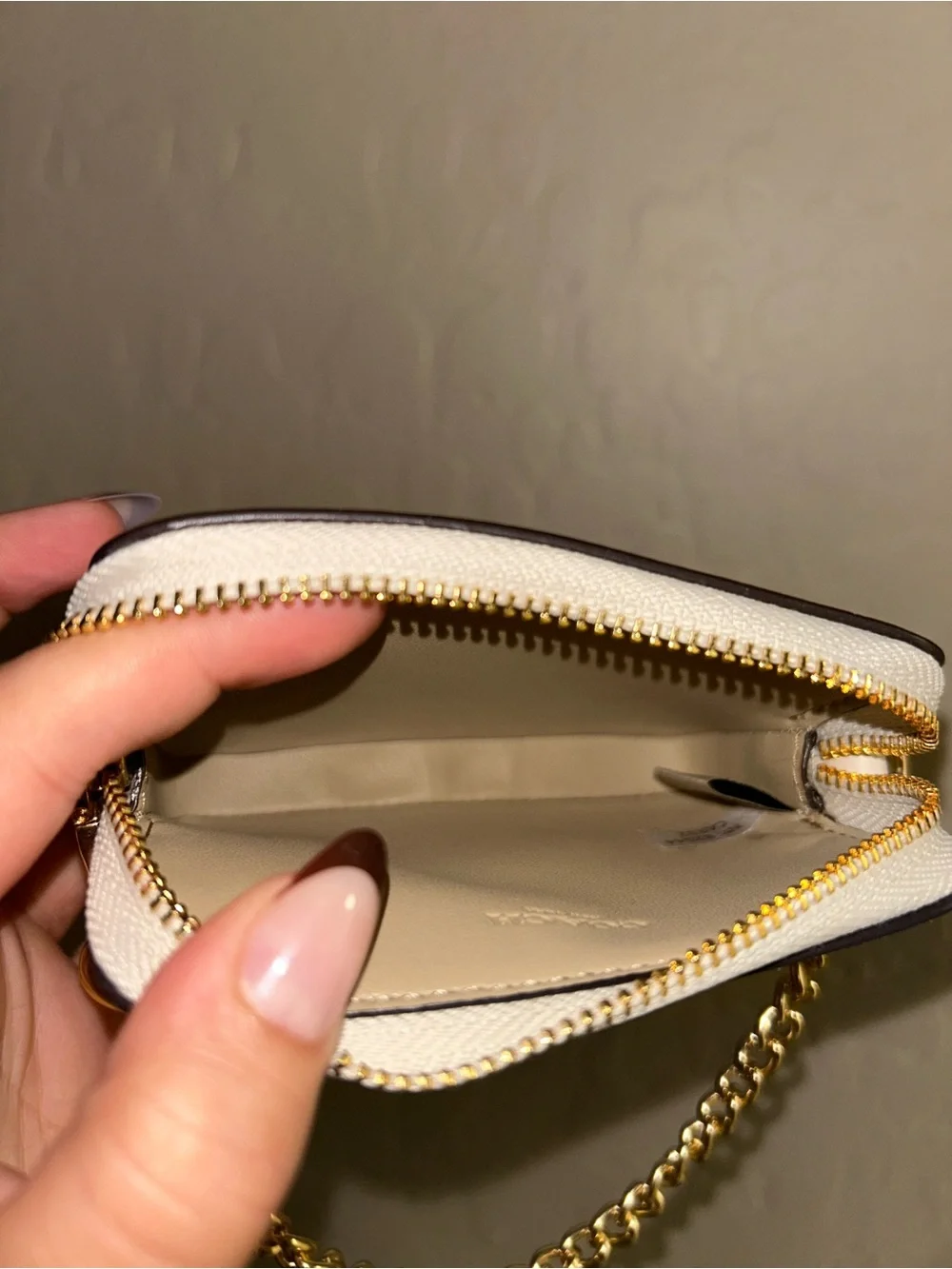 Coach Cream Strawberry Print Zip Card Case with Gold Chain